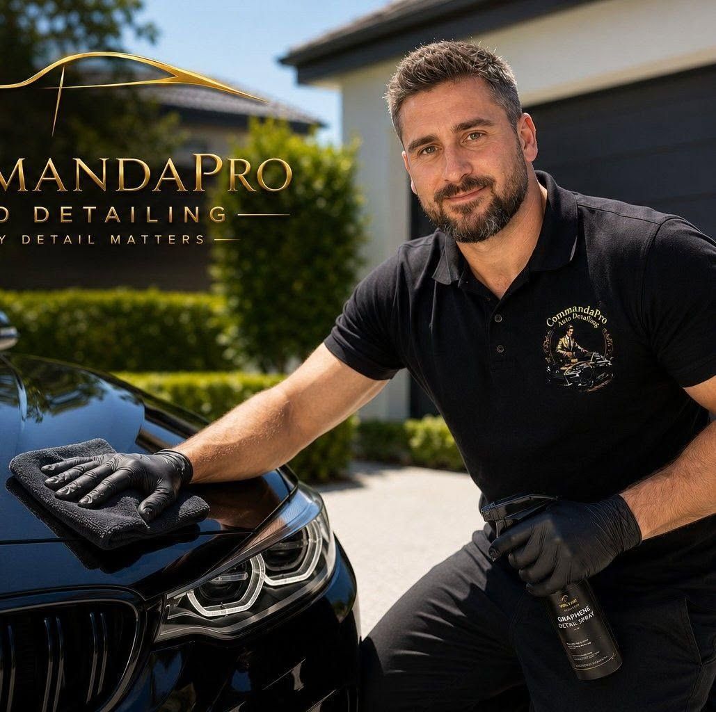 CommandaPro Auto Detailing owner detailing a black BMW in a residential driveway — premium mobile car detailing in southeast Melbourne.