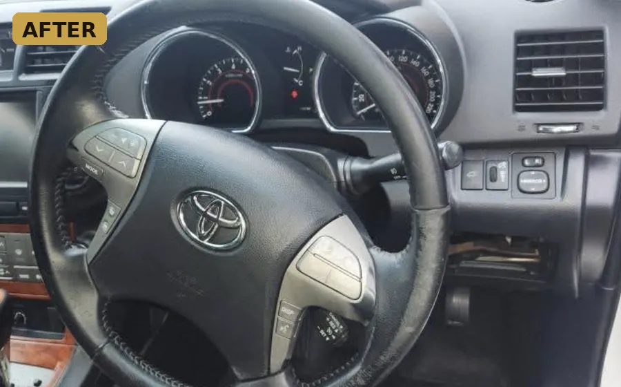 After — spotless Toyota dashboard and steering wheel after an interior detail in Southeast Melbourne