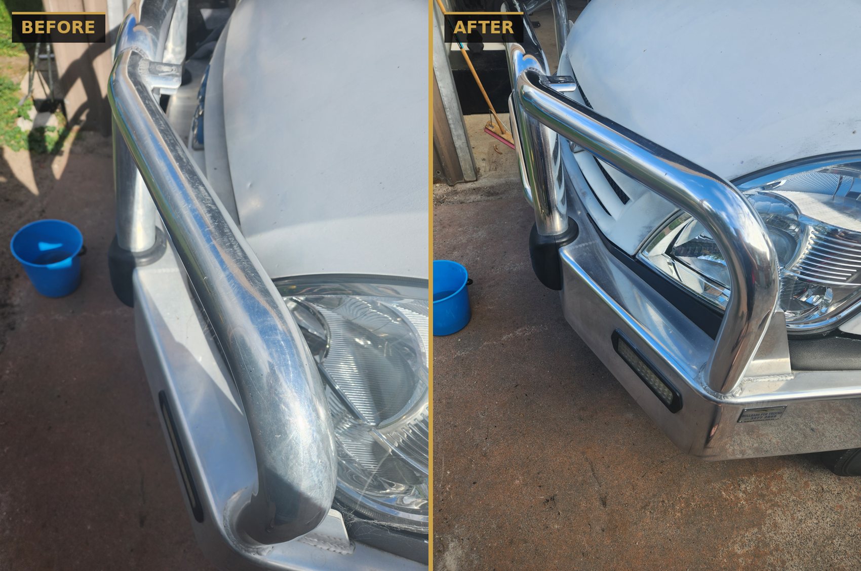 Before and after polishing an oxidised aluminium bull bar to a mirror finish — CommandaPro metal polishing.