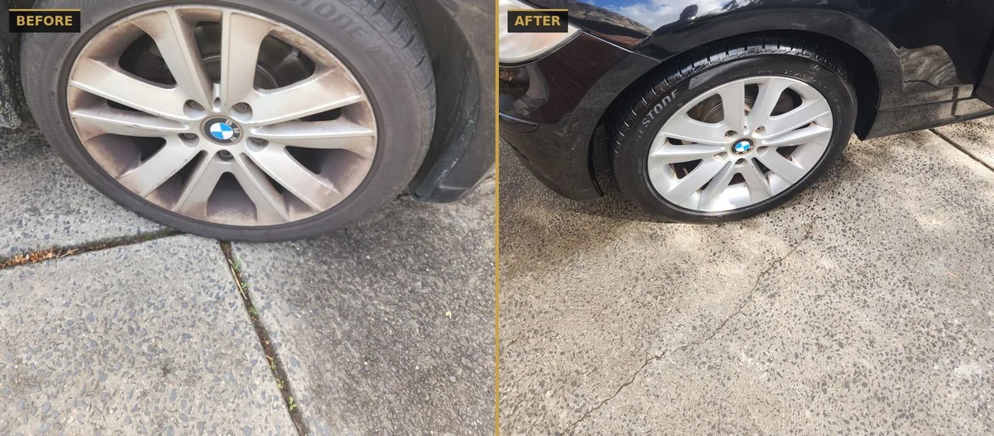 Before and after deep-cleaning a brake-dust covered alloy wheel — CommandaPro Auto Detailing.