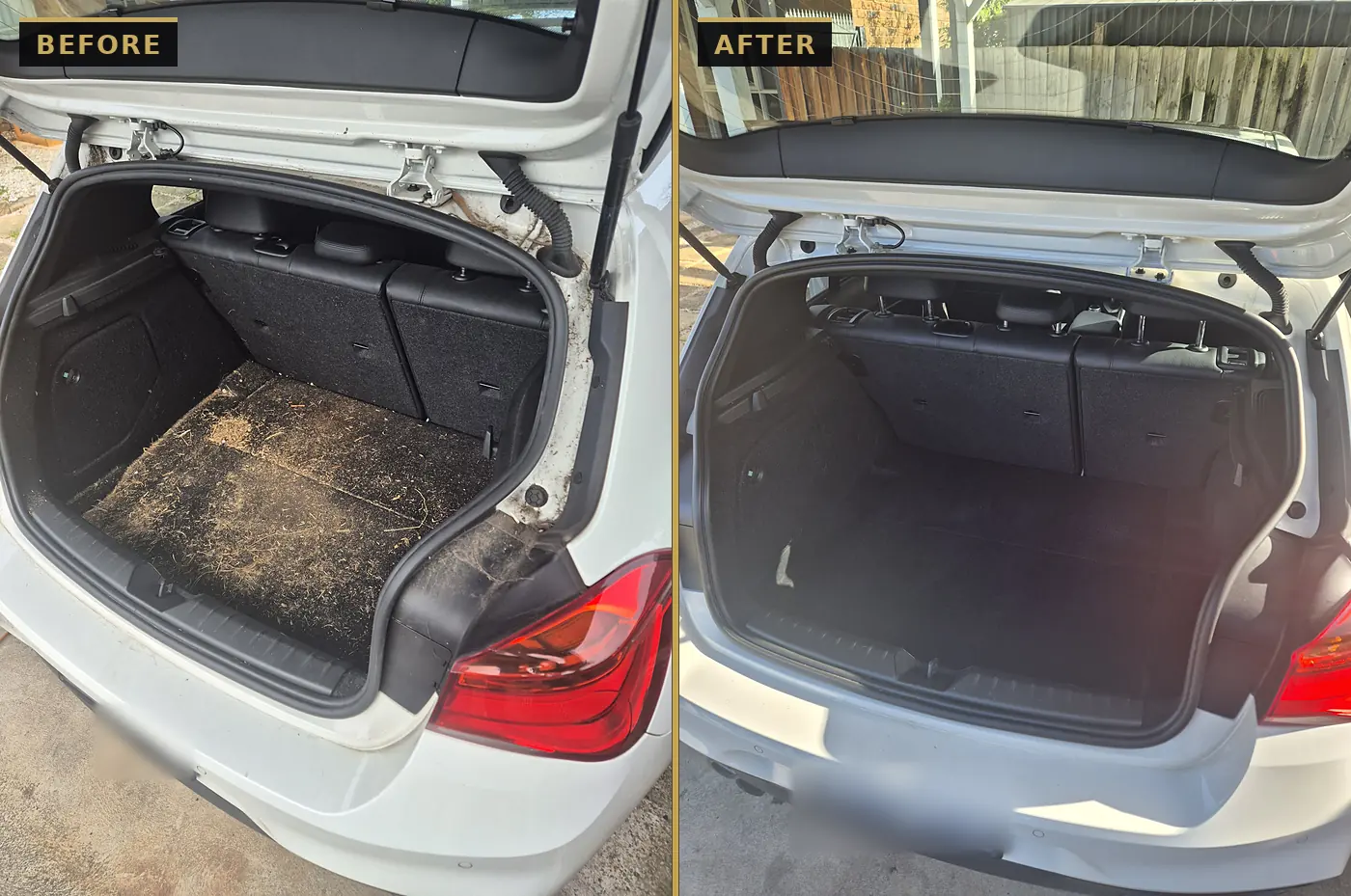 Before and after boot clean on a white BMW hatch — grass, dirt and debris vacuumed out of the boot carpet by CommandaPro.