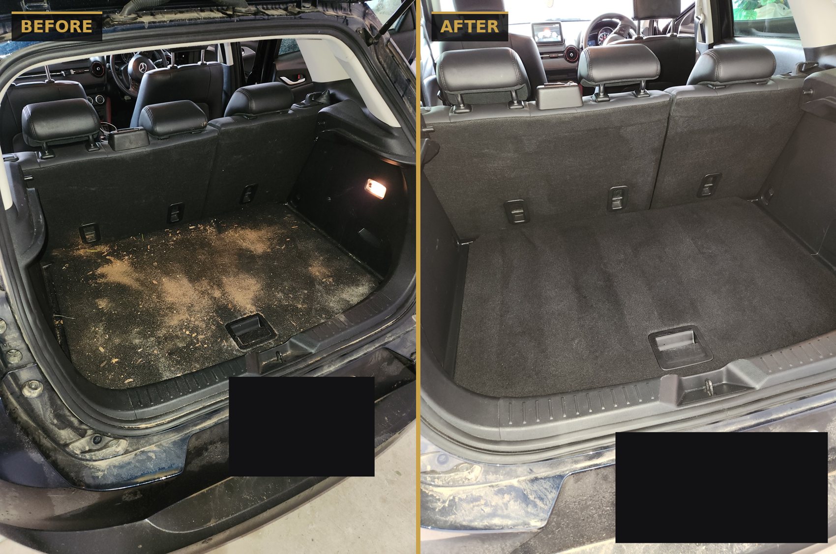 Before and after boot and cargo area refresh on a hatchback — CommandaPro interior detailing.