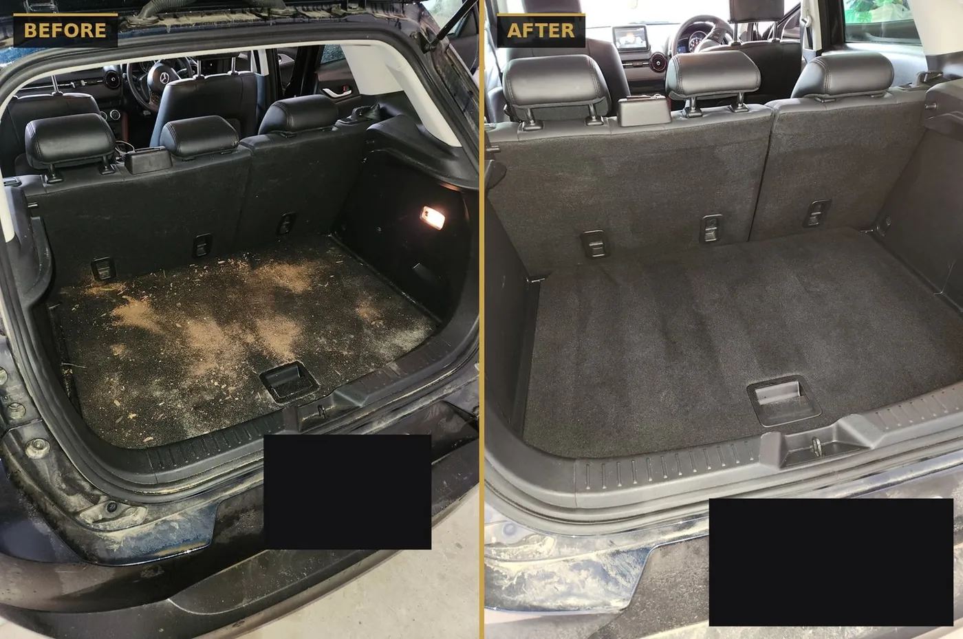 Before and after boot deep clean during a mobile detail — CommandaPro Auto Detailing.
