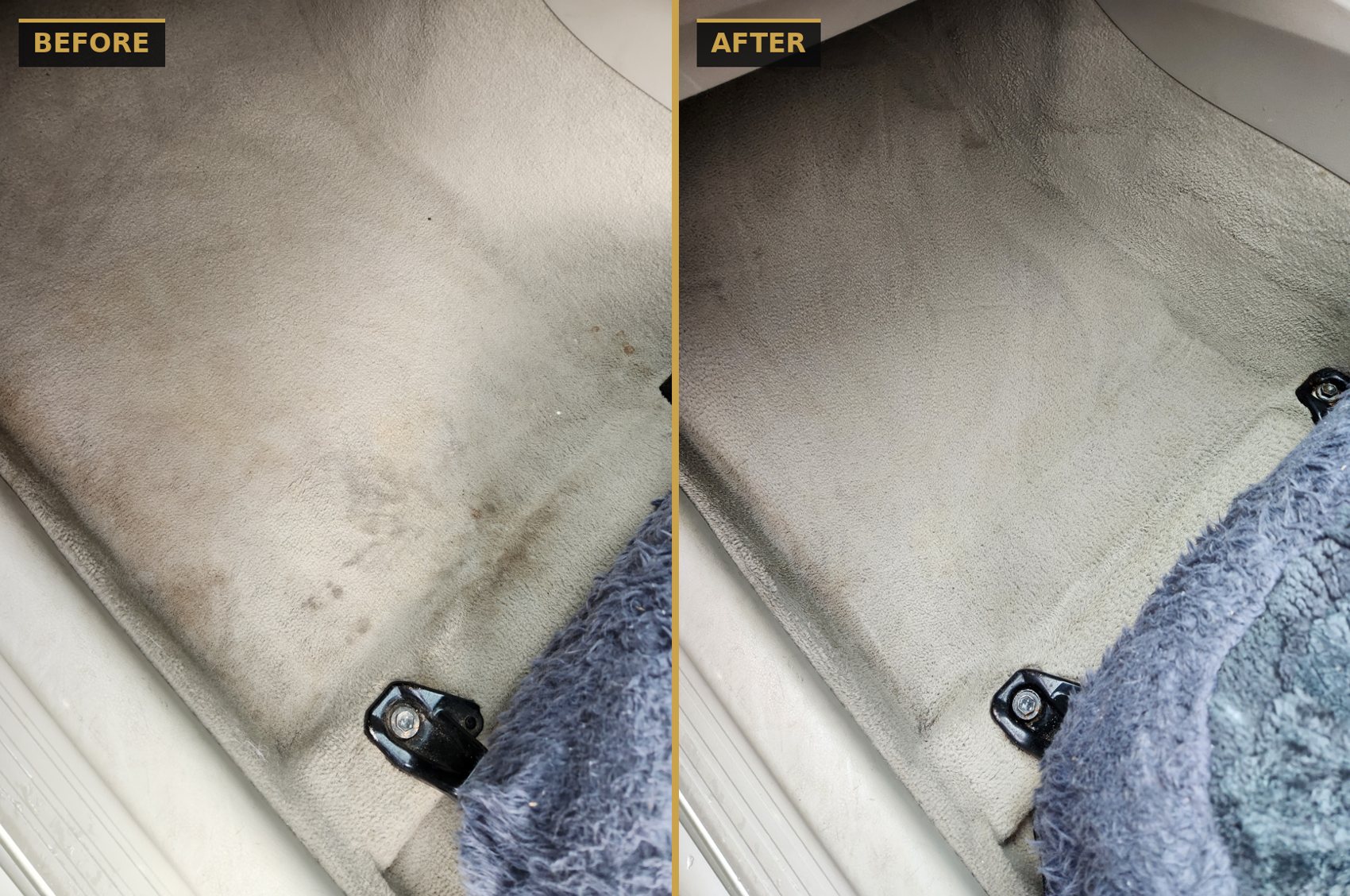 Before and after carpet stain removal on a vehicle floor — CommandaPro interior detailing.