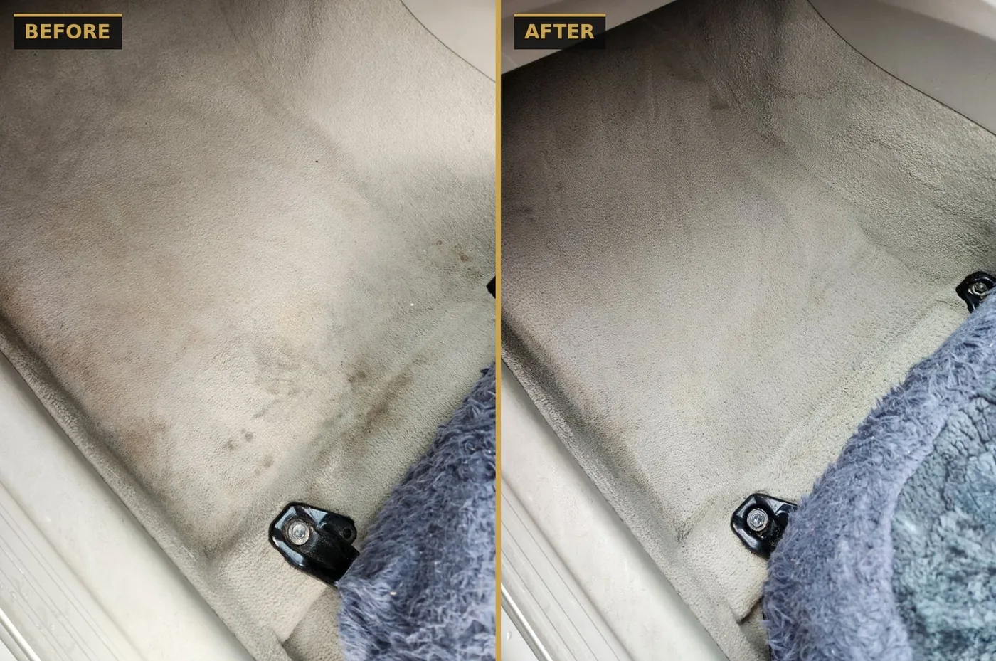 Before and after carpet stain removal on a vehicle floor — CommandaPro interior detailing.