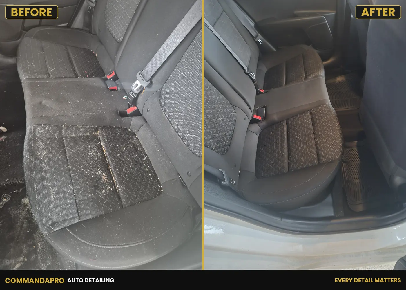 Before and after rear seat clean — crumbs and debris extracted from a patterned cloth rear bench by CommandaPro.
