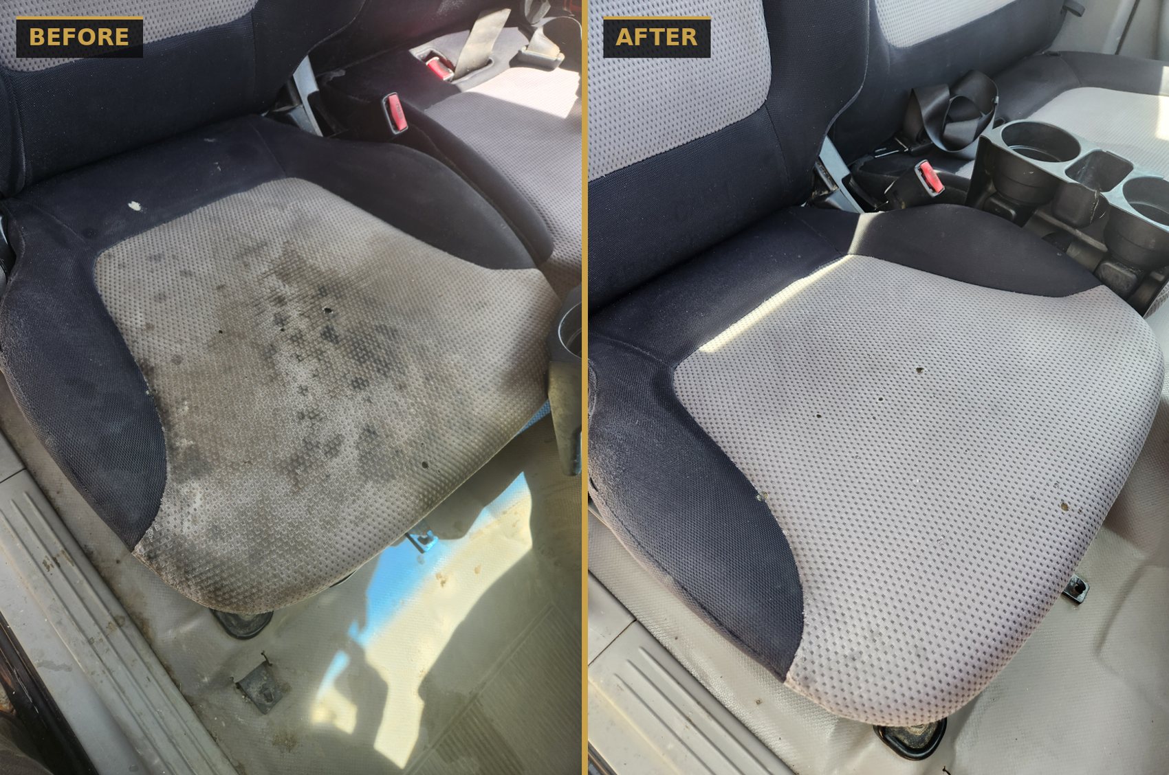 Before and after cloth seat stain extraction — CommandaPro interior detailing.