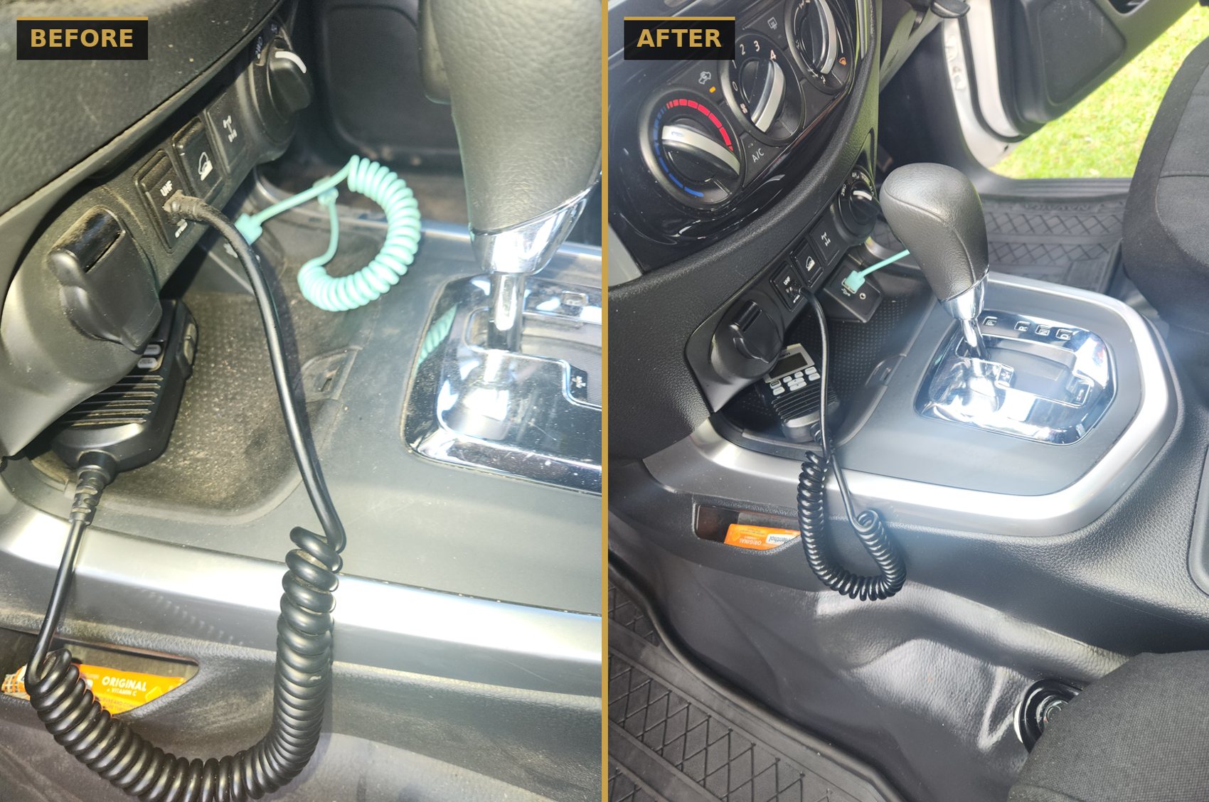Before and after centre console detail — CommandaPro interior detailing.