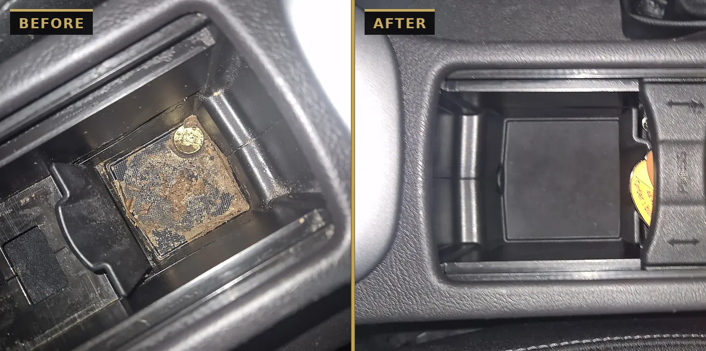 Before and after centre console storage tray — caked-on grime and debris cleaned out of the bin and its rubber mat by CommandaPro.