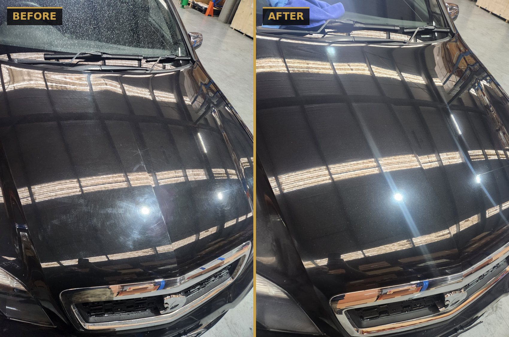 Before and after cut and polish removing scratches and swirls from black paint by CommandaPro