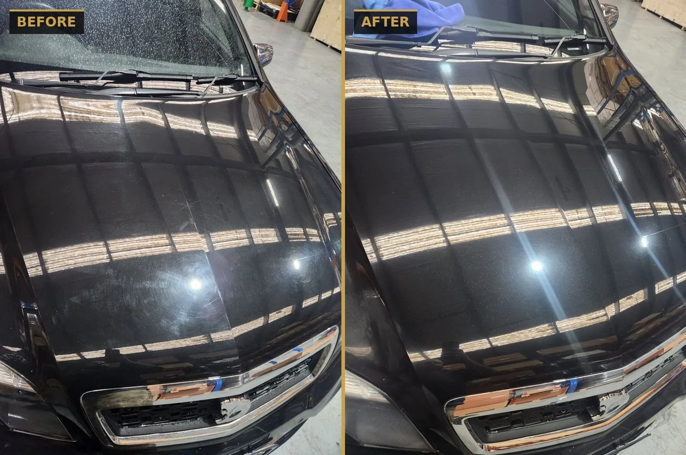 Real CommandaPro before and after — scratches and swirls cut out of black paint by CommandaPro Auto Detailing.