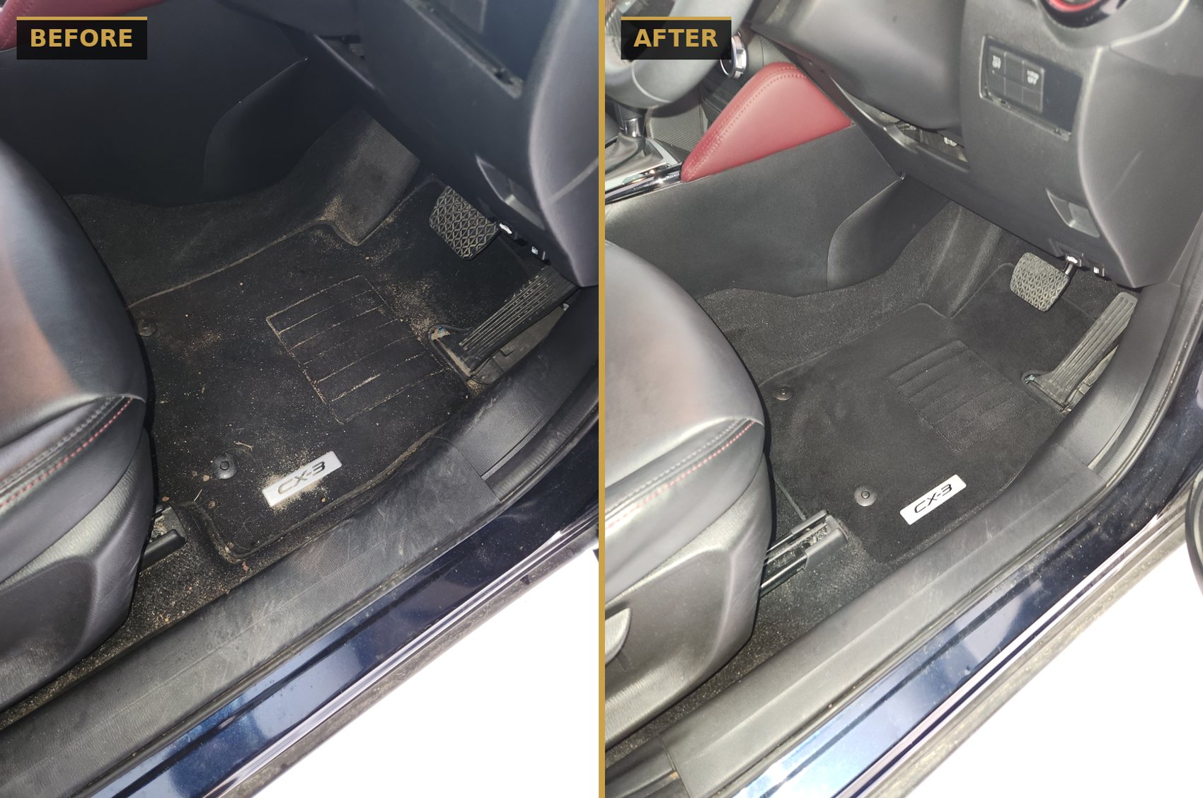 Before and after cleaning a Mazda CX-3 driver's footwell — CommandaPro interior detailing.