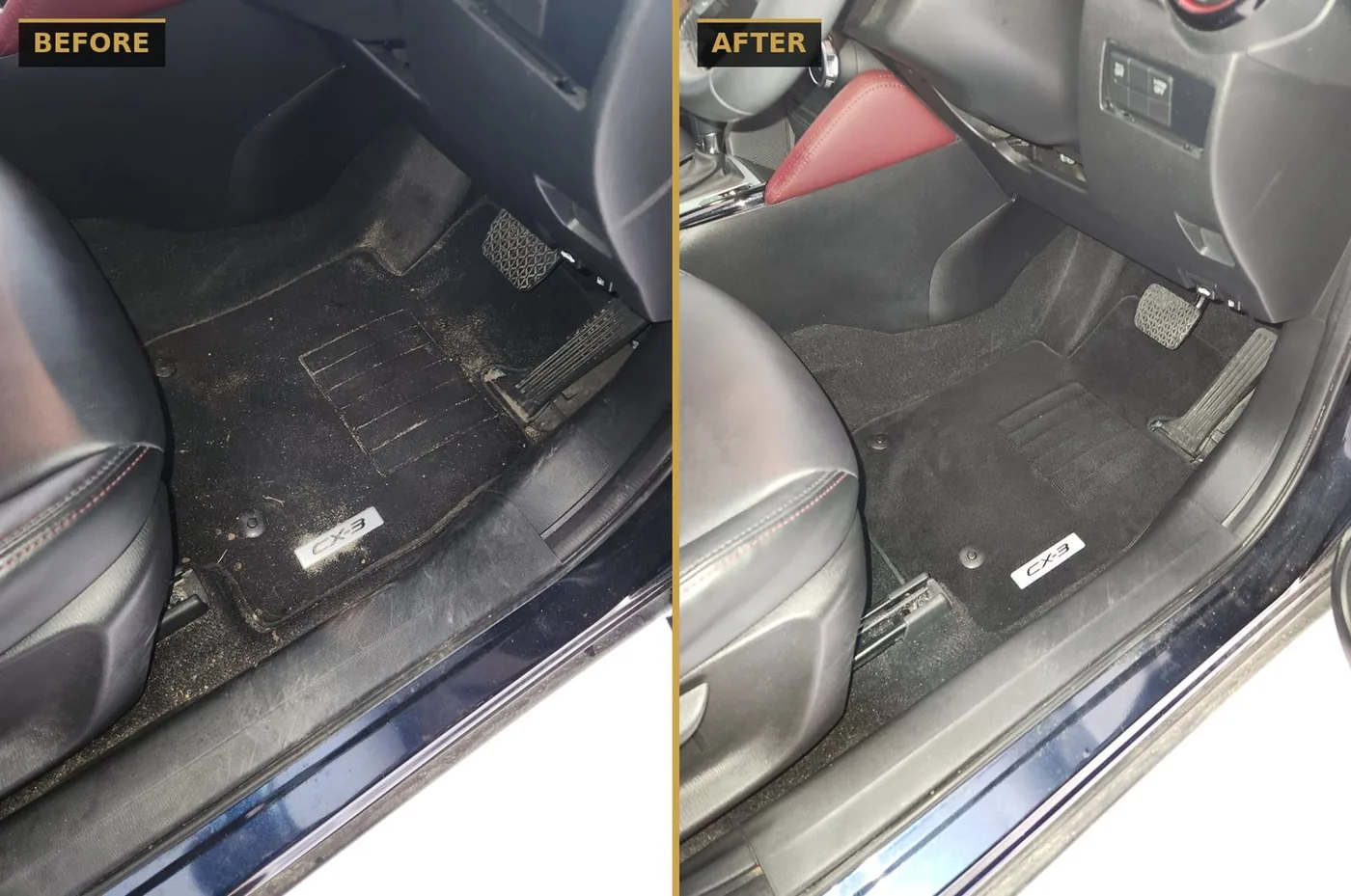 Before and after cleaning a Mazda CX-3 driver's footwell — CommandaPro interior detailing.