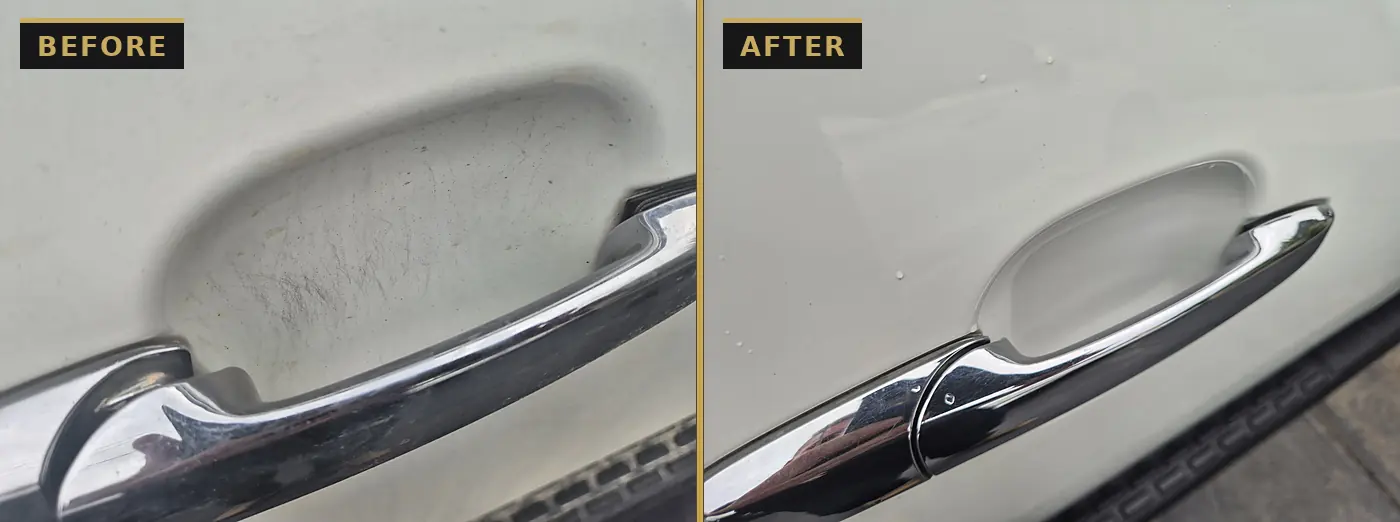Before and after door handle cup on a white vehicle — fingernail scratches and grime removed by CommandaPro.