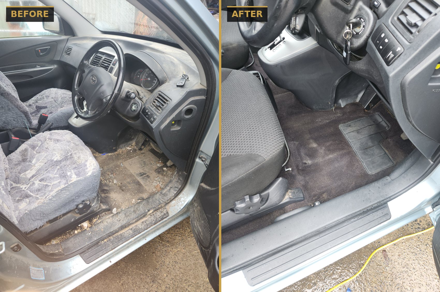Before and after heavy-soil floor and carpet rescue on a farm vehicle footwell — CommandaPro interior detailing.
