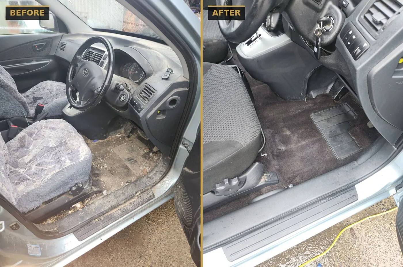 Before and after heavy-soil floor and carpet rescue on a farm vehicle footwell — CommandaPro interior detailing.