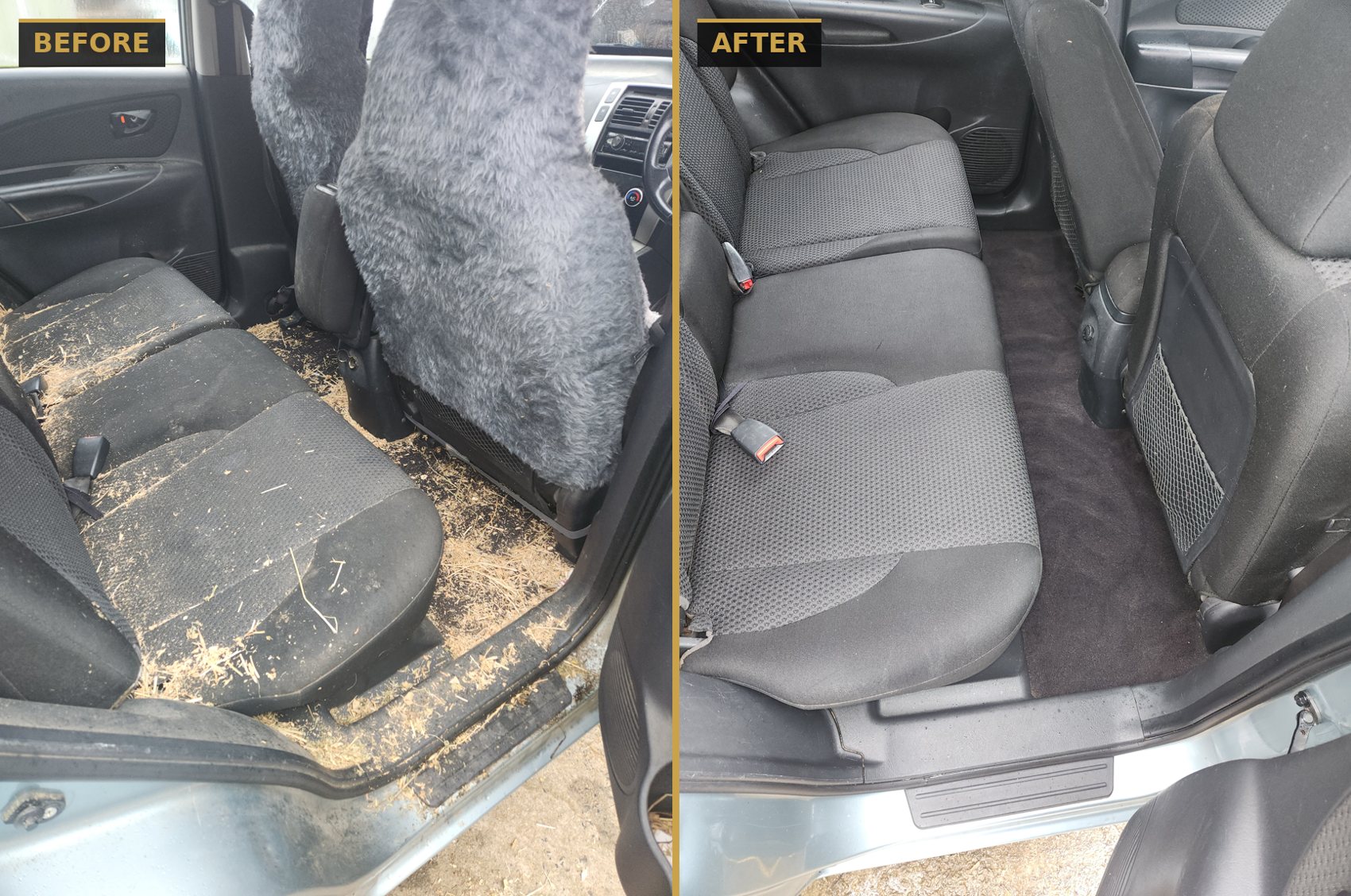 Before and after deep interior clean of a heavily soiled rear bench by CommandaPro