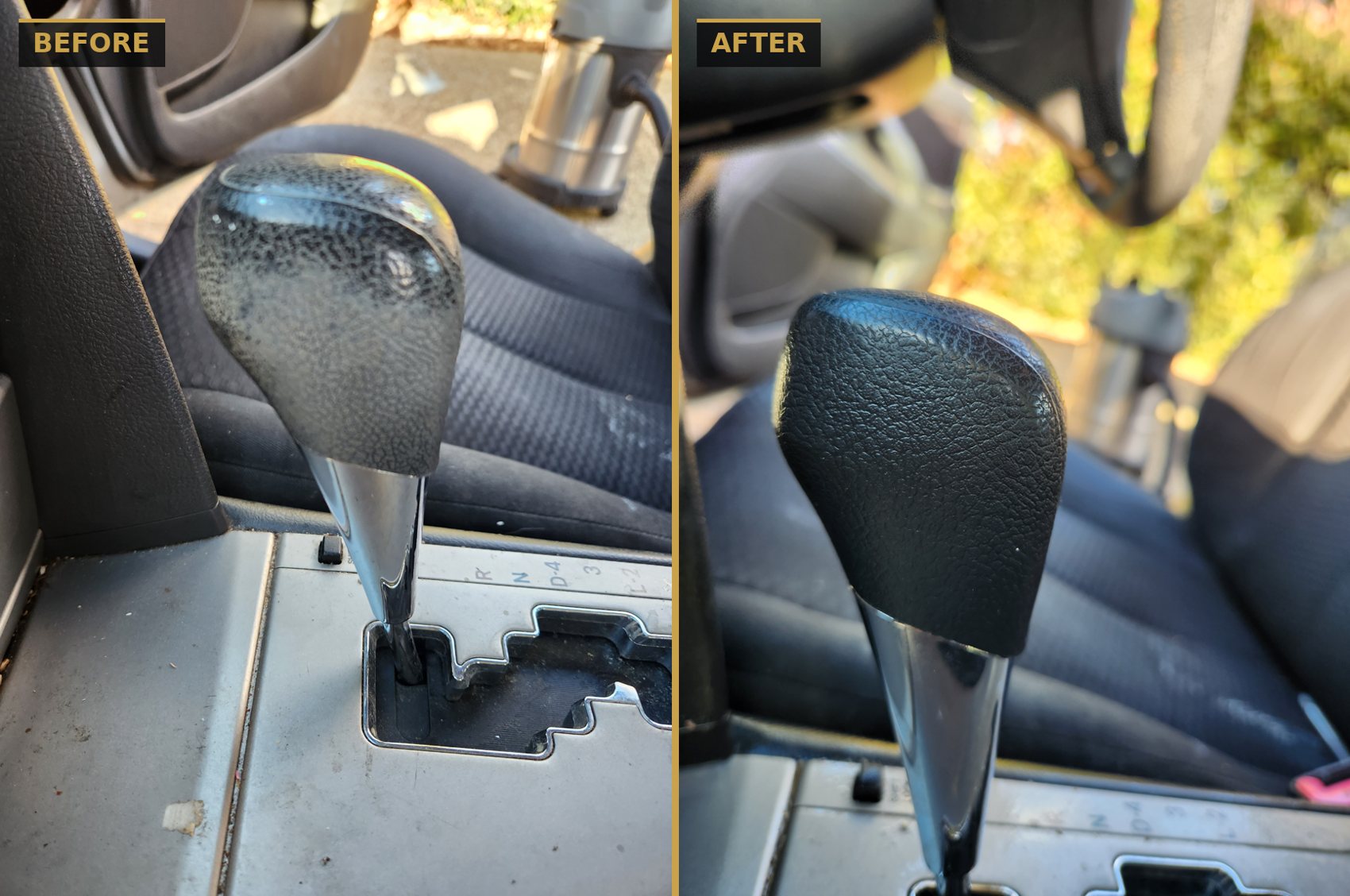 Before and after gear shifter trim restoration — faded plastic restored to deep black by CommandaPro.