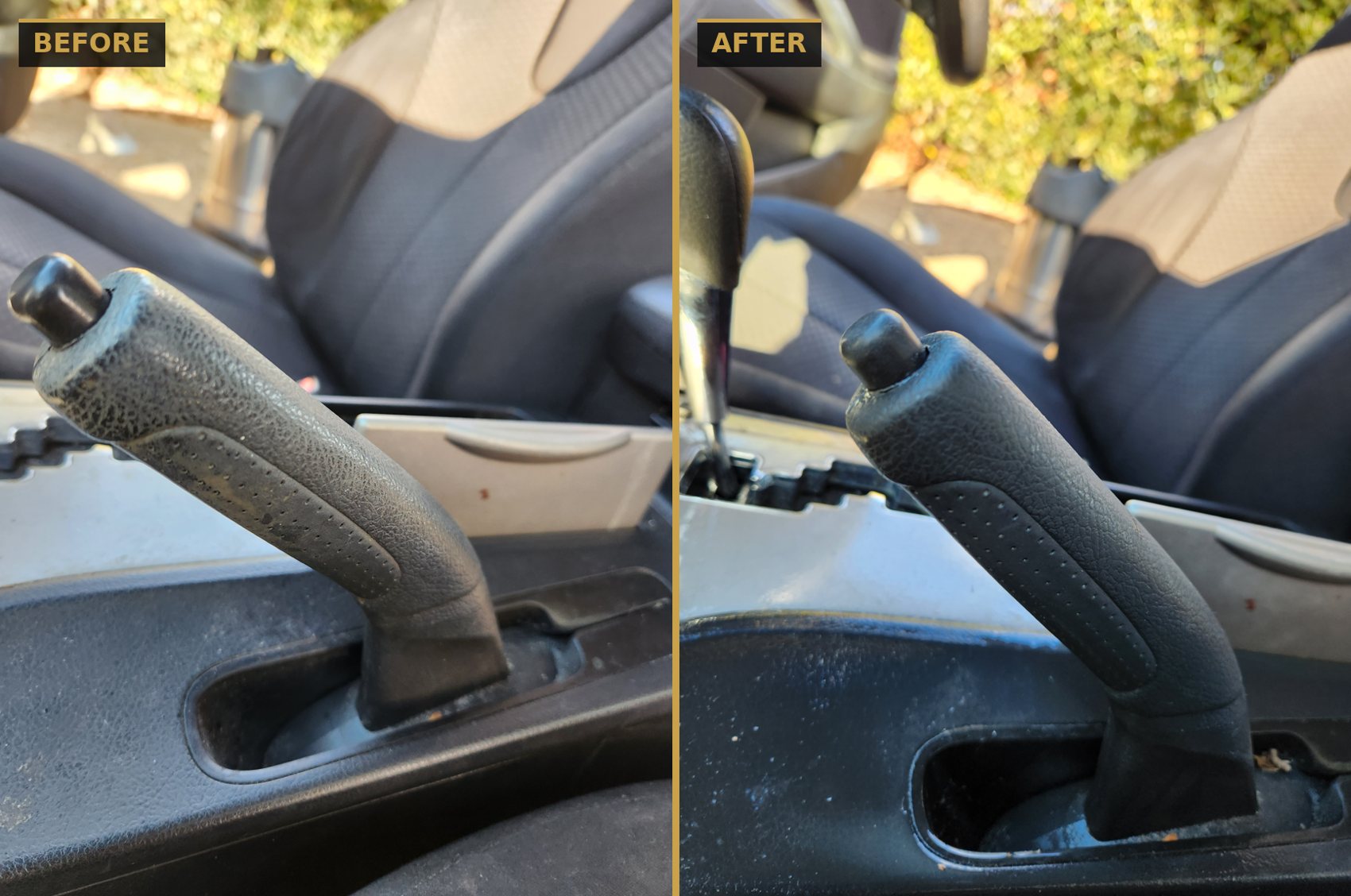 Before and after handbrake grip trim restoration — faded plastic restored to deep black by CommandaPro.