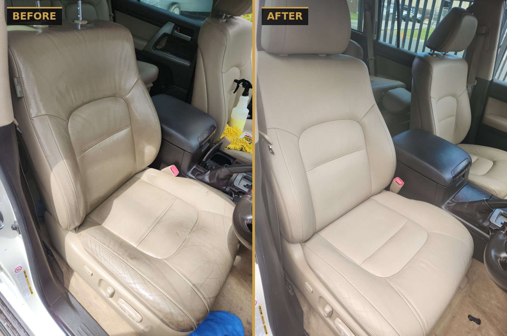 Before and after leather seat deep clean and condition on a Toyota — CommandaPro interior detailing.