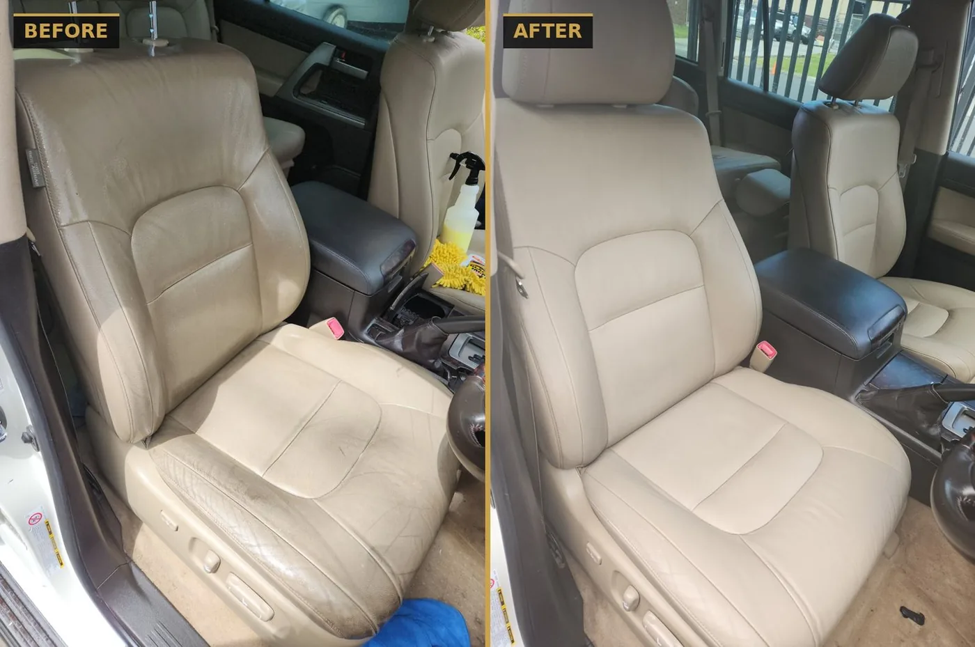 Before and after leather seat deep clean and condition — CommandaPro Auto Detailing.