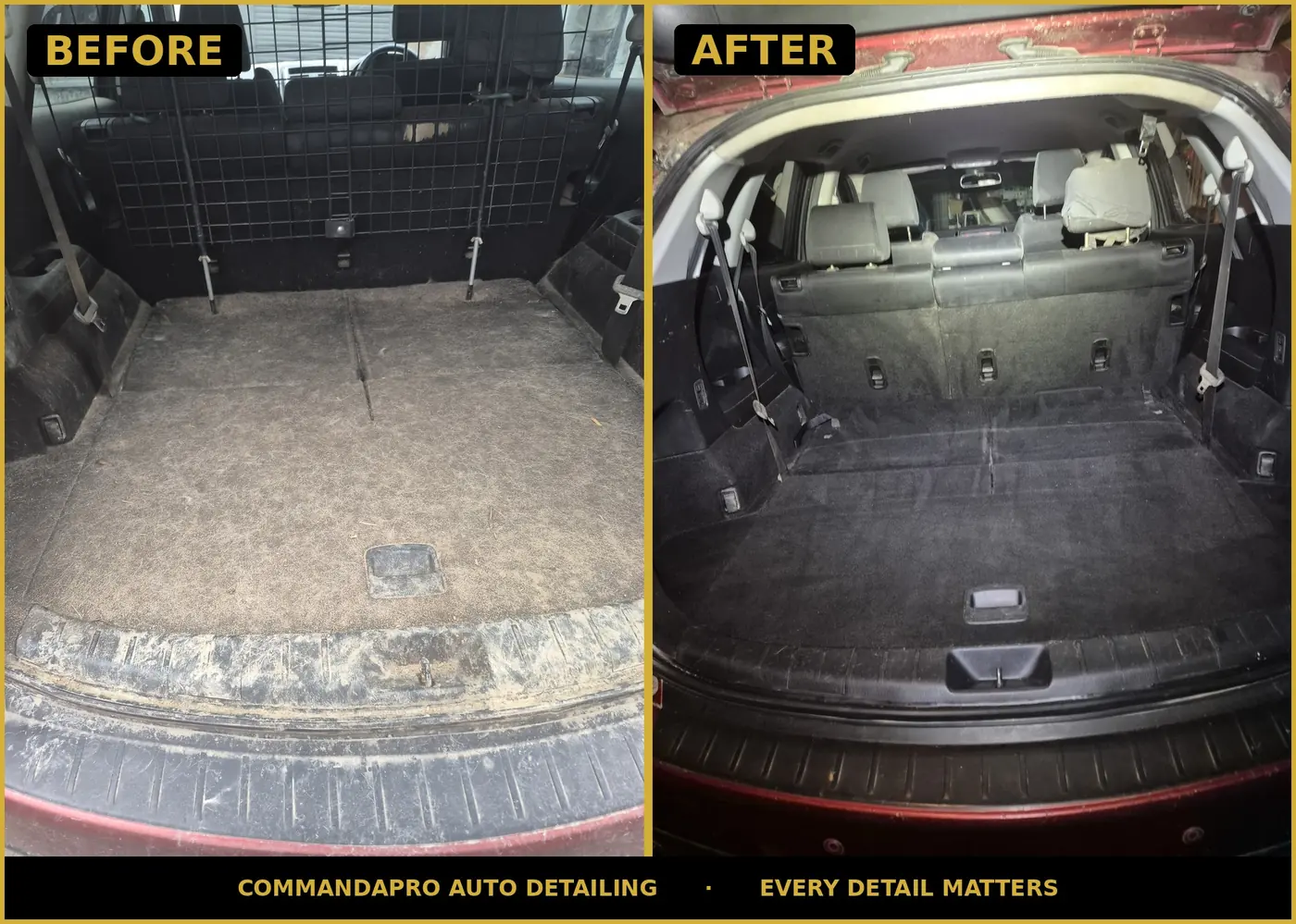 Before and after boot clean on a Mazda CX-9 — carpet matted with dirt and hair restored to clean black by CommandaPro.