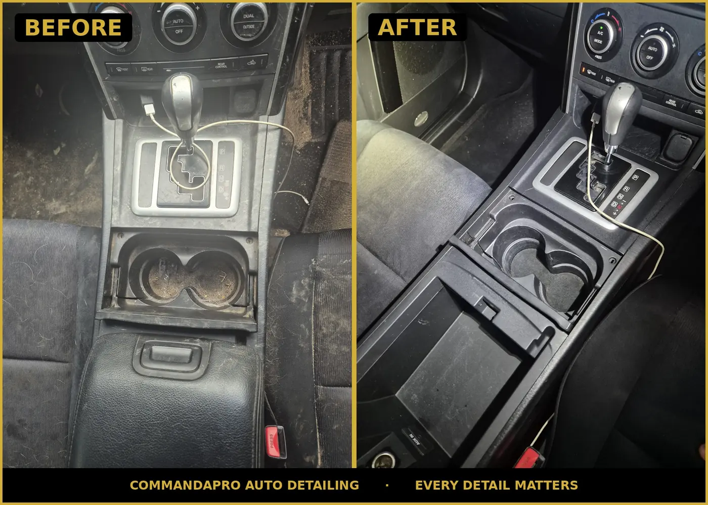 Before and after centre console clean on a Mazda CX-9 — dirt and hair cleaned out of the cup holders and gear surround by CommandaPro.