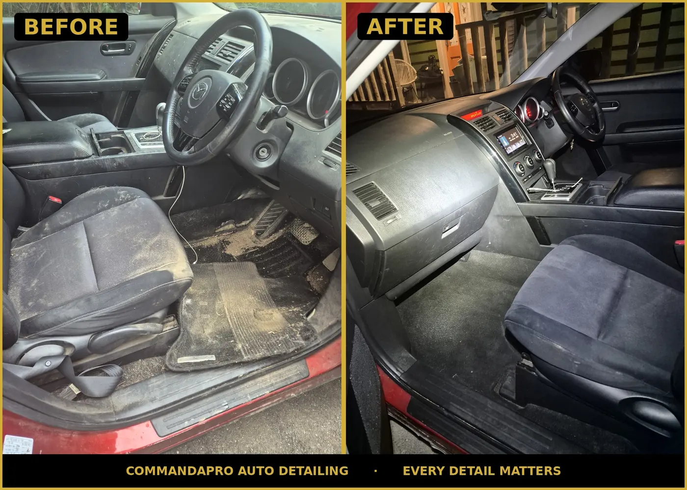 Before and after interior detail on a red Mazda CX-9 — sand, dirt and pet hair cleared from the driver's seat, floor and dash by CommandaPro.