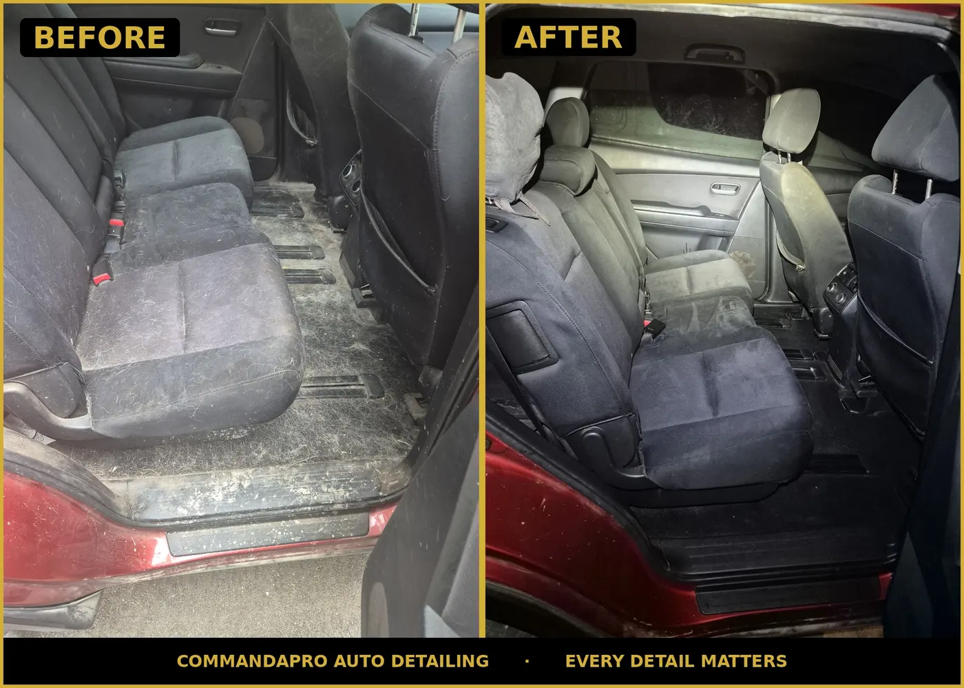 Before and after on a Mazda CX-9 second row — seats and floor buried in pet hair and dirt, vacuumed and cleaned by CommandaPro.