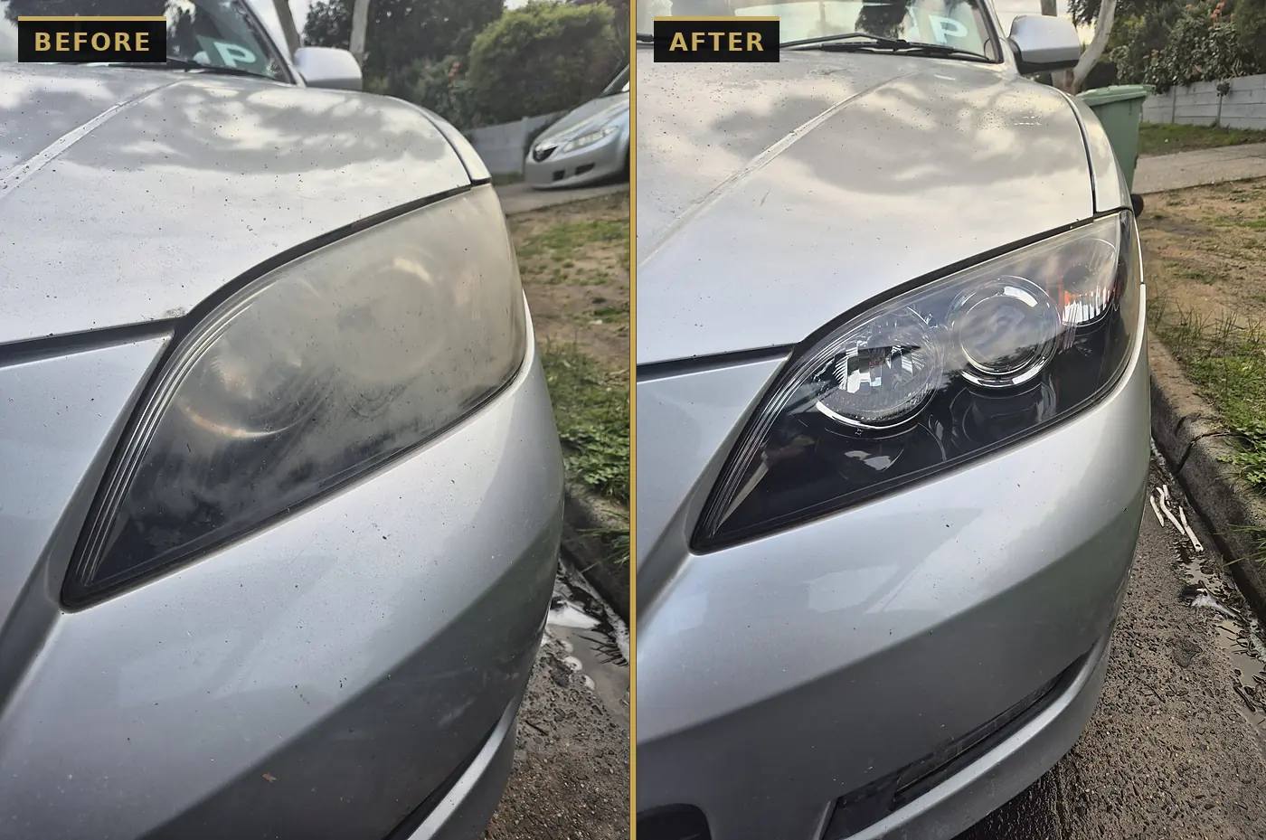 Before and after headlight restoration on a silver Mazda 3 — cloudy, oxidised lens restored to clear by CommandaPro.