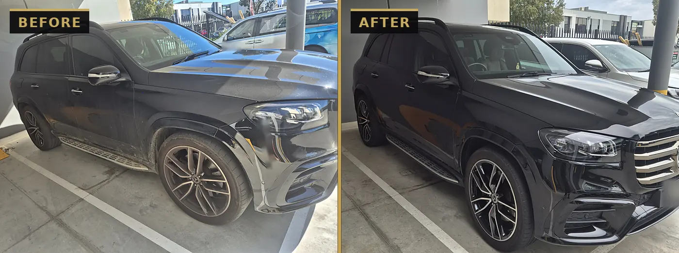 Before and after exterior detail on a black Mercedes-Benz SUV — road grime and dust removed and the gloss brought back by CommandaPro.