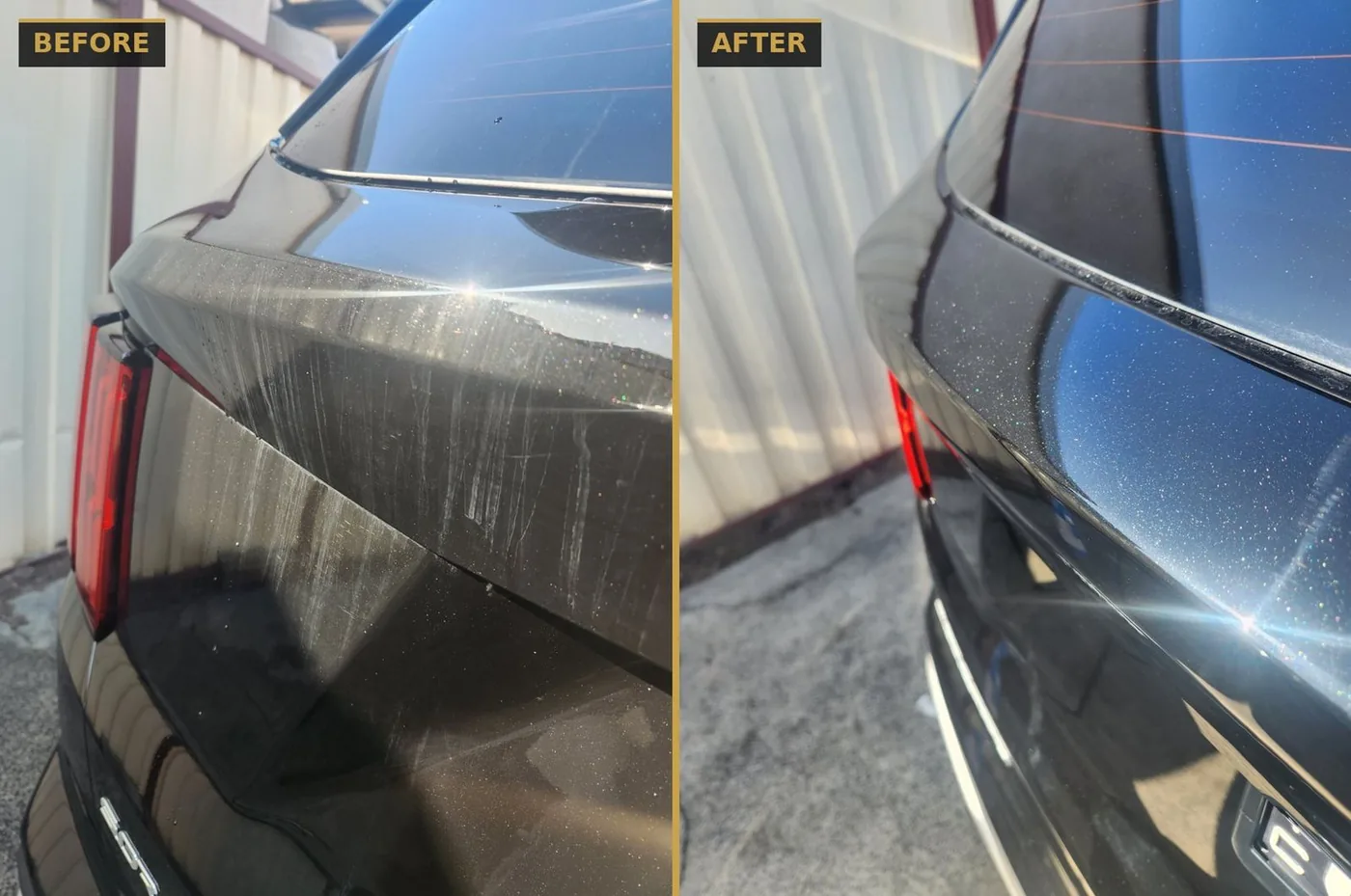 Before and after paint correction restoring deep gloss to a dark SUV — CommandaPro Auto Detailing.