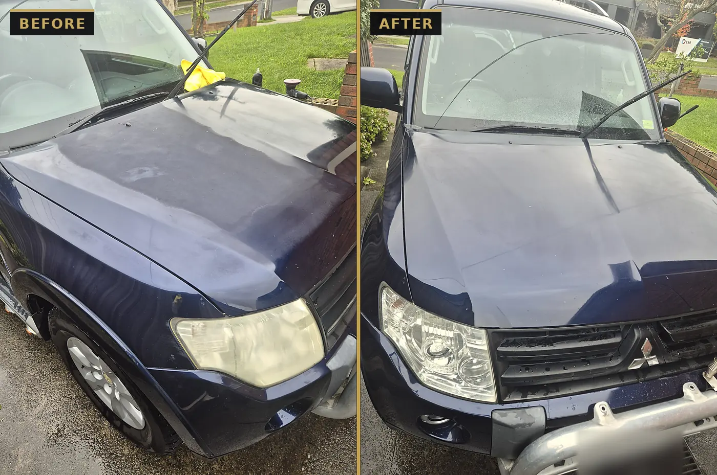 Before and after on a navy Mitsubishi Pajero — faded, hazy bonnet paint polished back to a gloss and yellowed headlights restored by CommandaPro.