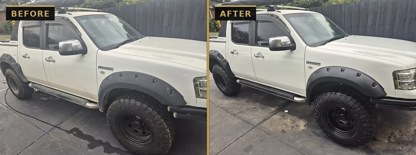 Before and after exterior wash on a white Ford Ranger ute — mud and road grime cleaned off the body, wheels and tyres by CommandaPro.