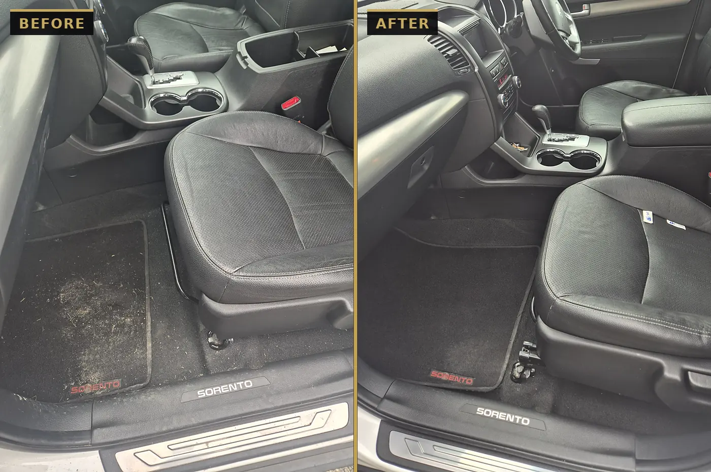 Before and after interior clean of a Kia Sorento front footwell — dirt and grass vacuumed out of the carpet and floor mat by CommandaPro.