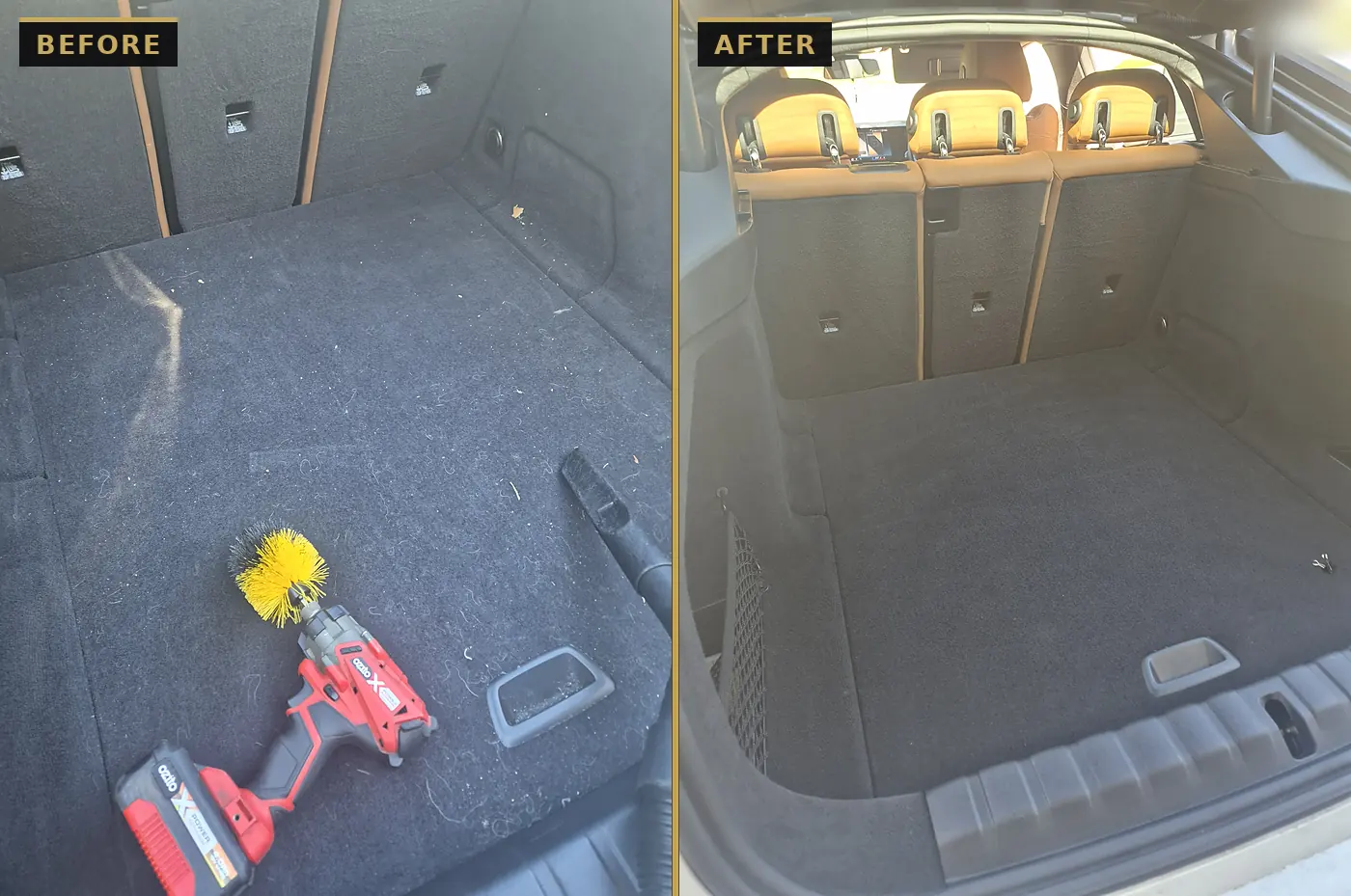 Before and after SUV boot carpet clean — lint and hair agitated with a drill brush and vacuumed out by CommandaPro.
