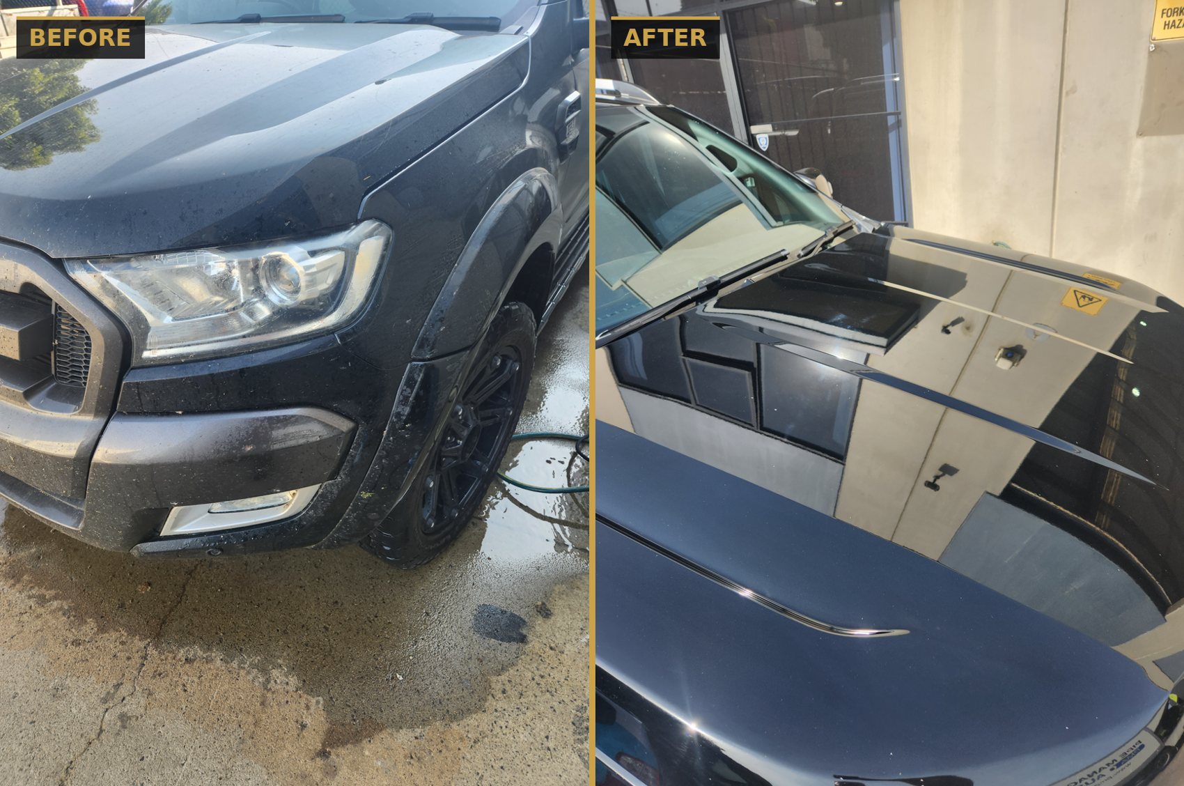 Before and after polishing a black ute bonnet to a mirror finish — CommandaPro cut and polish.