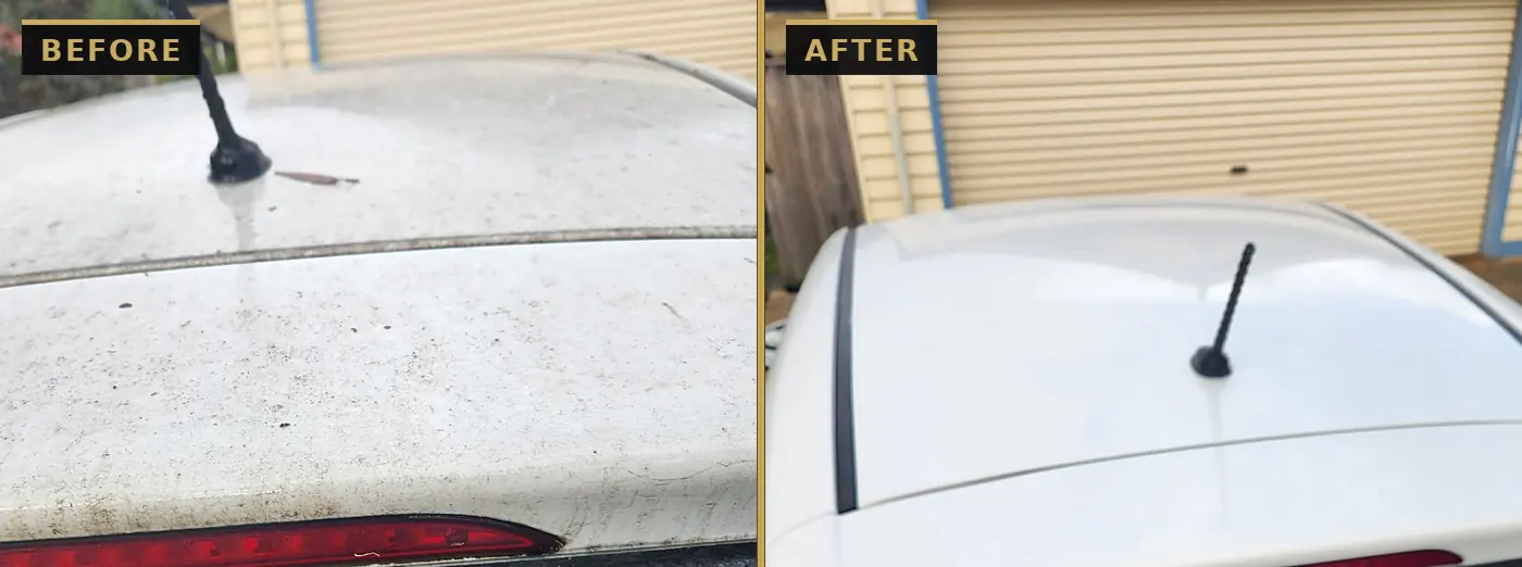 Before and after exterior wash on a white hatchback roof and rear spoiler — grime and black spotting washed back to clean white by CommandaPro.